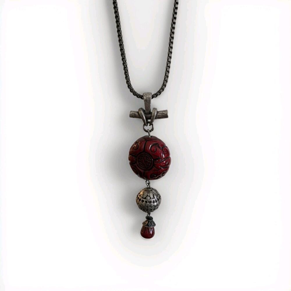 Chicos necklace Red Chinese Lantern Pendant Acrylic Silver Tone Jewelry